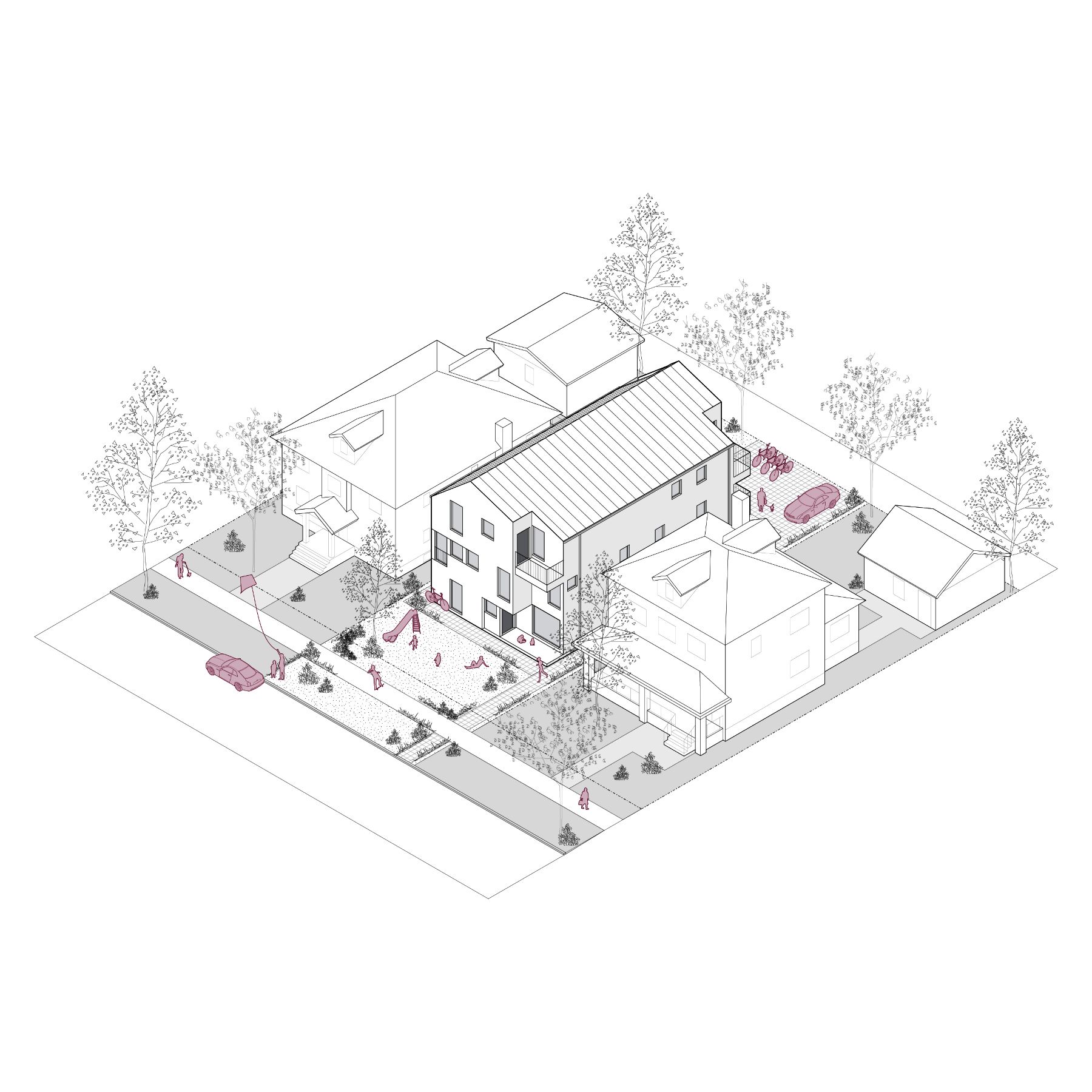 A 3D line rendering of a structure covering 429 square meters (4,620 square feet). The rendering showcases the three-storey building with its four units, each with its own entrance. The design fits well into suburban neighbourhoods, surrounded by residential elements such as trees, sidewalks, and vehicles.